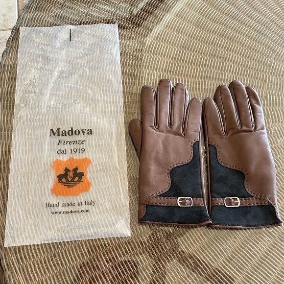 MADOVA LEATHER GLOVES 100% CASHMERE LINED SIZE 7 WOMEN'S MEDIUM BROWN W/SUEDE & - Picture 1 of 6